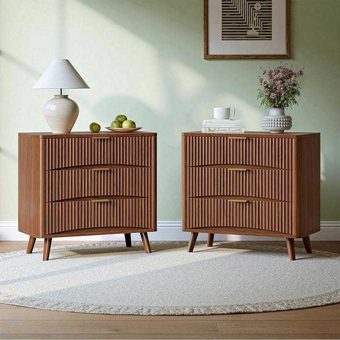 Evermagin 31.5W×29“H Large Fluted Nightstands Set of 2, Mid Century Modern 3 Drawer Night Stand Bedside Table, Small Wood Dresser for Bedroom, End Table with Storage, Walnut