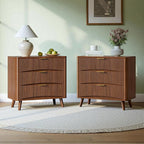 Evermagin 31.5W×29“H Large Fluted Nightstands Set of 2, Mid Century Modern 3 Drawer Night Stand Bedside Table, Small Wood Dresser for Bedroom, End Table with Storage, Walnut
