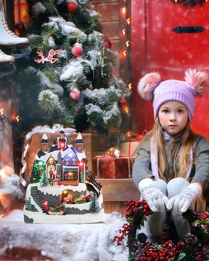 Bdor Christmas Village Lighted Decoration Musical Animated Display Christmas Collectible Santa Battery Operated Resin Indoor Decor