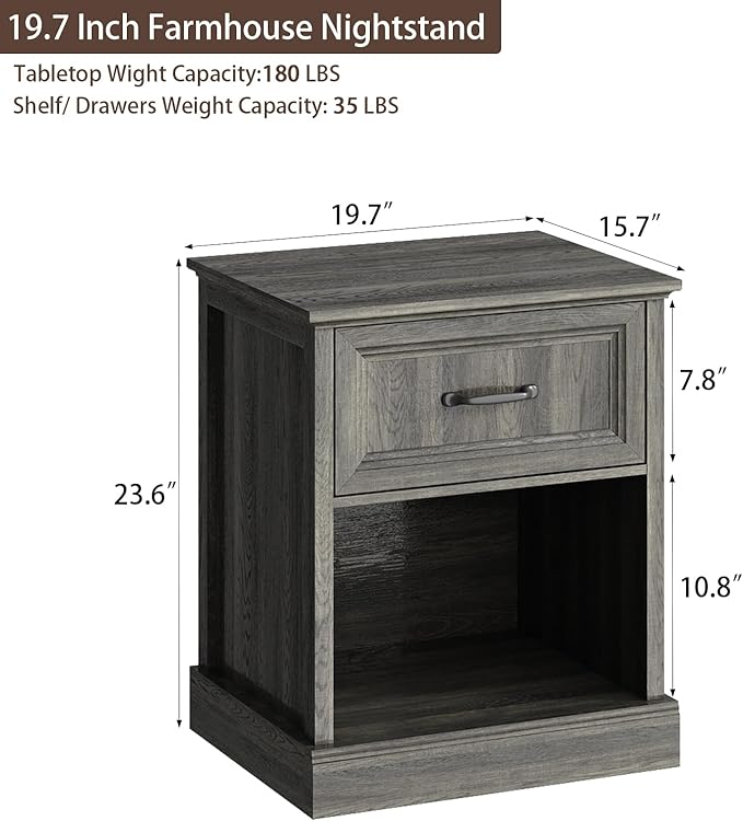 CARPETNAL 20" Farmhouse Nightstand Set of 2, End Table with Large Drawers & Open Storage, Side Table, Bedside Table for Bedroom, Living Room, Grey