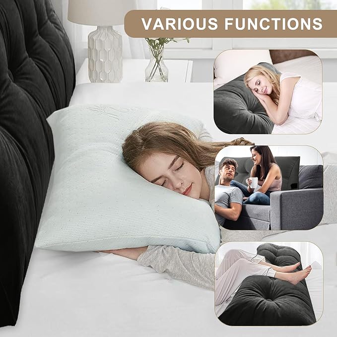 Large Triangular Headboard Pillows Long Backrest Positioning Support Bolster Cushion for Daybed Fluffy Quality Plush Body Wedge Pillow with Removable Cover(Black-Queen-59x8x20in)