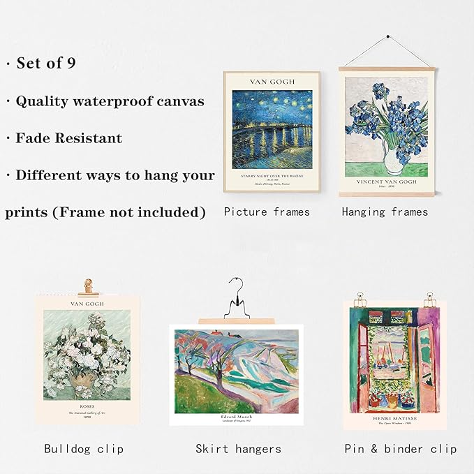 Vintage Eclectic Wall Decor Set of 9, Abstract Eclectic Prints Matisse Van Gogh Claude Monet Maximalist Famous Artist Painting Aesthetic Pictures, Trendy Maximalism Poster for Aesthetic Bedroom,