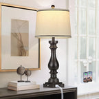 27.5" Tall Table Lamp for Living Room,Farmhouse Vintage Bedside Nightstand Lamp with USB C+A Ports & AC Outlet,3-Way Dimmable Touch Control Retro Black Lamp for Bedroom,Single Black