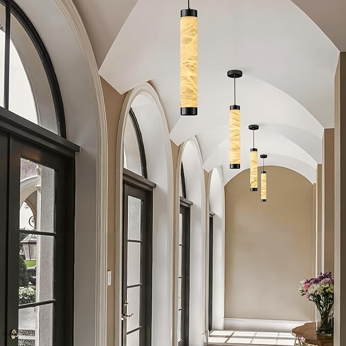 20" Alabaster Pendant Lights, 2PCS Natural Marble Cylinder Black Pendant Light, Adjustable Modern Ceiling Light Fixtures for Kitchen Island, Dining Room, Bedroom, Living Room, Bathroom