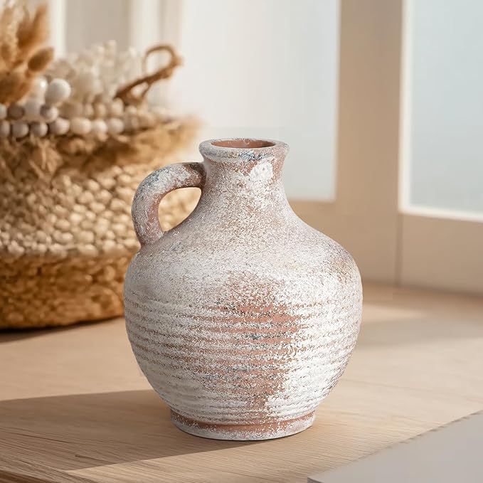 Sunddo 6 inch Rustic Ceramic Flowers Vase, Terracotta Pottery Small Vase with Handle, Farmhouse Decor,Table, Living Room, Bathroom, Shelf, Mantel Decor Brown