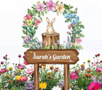 Personalized Rabbit Metal Sign with Stake,Custom Gardener Last Name Signs Outdoor Decor,Customized Flowers Gardening Birthday Gifts,Cute Animal Plaques for Patio Lawn Porch Backyard Farmhouse Outside