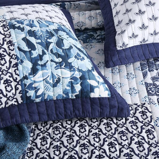 ENASAL Cotton Bedspread Quilt Sets Reversible Bedding Coverlet Sets Luxury Blue White Floral Real Patchwork Bedspread, Queen Size