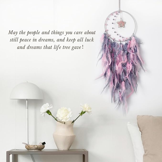 Dreamlike Moon Dream Catchers Wall Decor Crescent Dream Catcher with Crystal Stone Star Shaped Tree of Life Pendant Handmade Pink Feather Dreamcatchers Wall Hanging for Girls Bedroom Wedding Gift