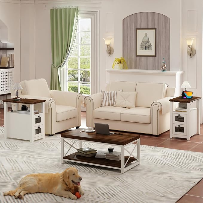 Farmhouse XXL End Table with Charging Station, Narrow Side Table with USB Ports and Outlets, Nightstand with 2 Drawers Storage, Bedside Tables for Living Room, Bedroom, Rustic Walnut White