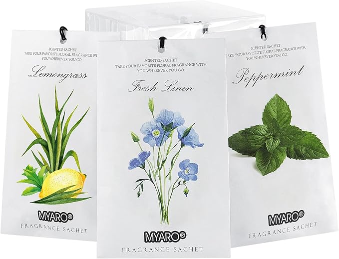 MYARO 12 Pcs Scented Sachets for Drawer and Closet, Long-Lasting Closet Deodorizer Freshener, Potpourri Bags Fresh Scents Sachet Packets Smell Goods for House - Fresh Linen, Peppermint and Lemongrass