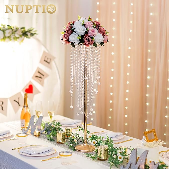 NUPTIO Gold Vase Wedding Centerpieces: 2 Pcs 29.5in Tall Crystal Flower Stand for Tables Elegant Metal Flowers Arrangement Vases for Weddings Birthday Party Anniversary Reception Home Decorations