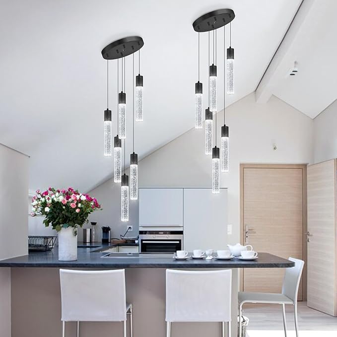 Modern Pendants Light for Kitchen Island Crystal Mini Chandeliers Dining Room LED Pendant Lighting Fixture High Ceiling Hanging Lights Bedroom Island Kitchen Foyer 6000K White Light Fixtures Black