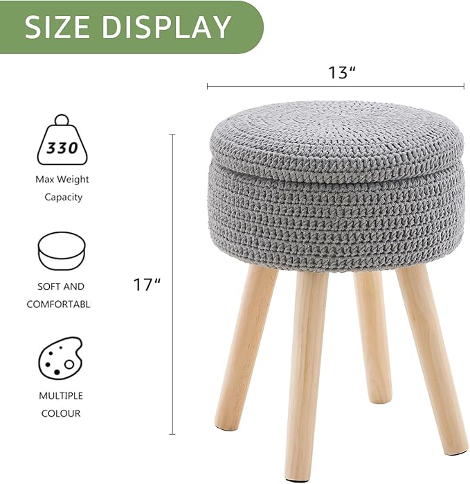 Wimarsbon Pouf Ottoman, 100% Cotton Knitted Boho Footstool, Round Footrest with Non-Skid Wood Legs, Home Décor Handmade Pouffe, Leisure Floor Step Stool for Living Room (High Storage Grey)