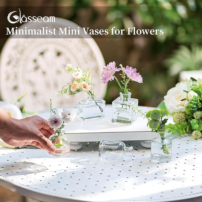 Glasseam Mini Glass Bud Vases: Small Clear Vases for Centerpieces Cute Tiny Flower Vase Set of 5 for Flowers Modern Centerpiece Decor for Wedding Party Dining Room Decoration