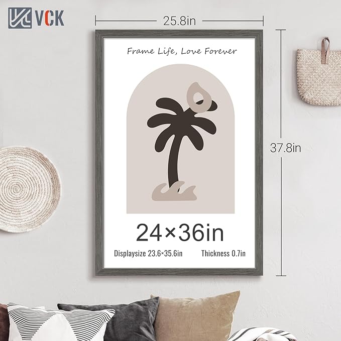 VCK 24x36 Poster Frame 3 Pack, Gray Solid Wood Picture Frame, Exclusive Wood Grain, Wall Mounting Hanging