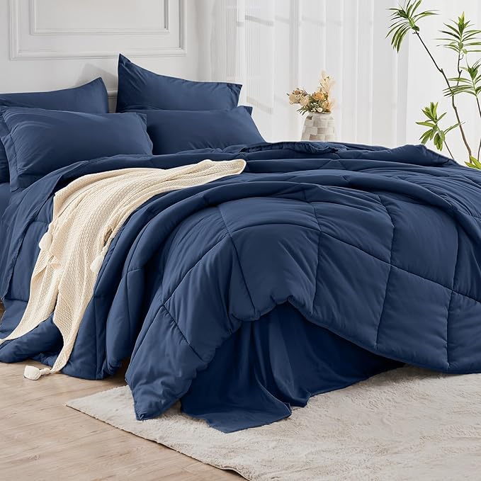 JOLLYVOGUE Full Comforter Set, Ultra-Soft Bed in a Bag Full Size 7 Pieces, Oeko-TEX Certified Bedding Set with Down Alternative Comforter, Sheets, Pillowcases & Shams, Navy
