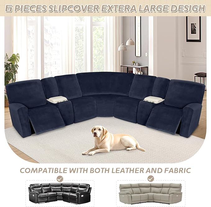 Arfntevss Sectional Recliner Couch Covers Velvet Washable Corner Sectional Sofa Cover for Reclining Couch Stretch Soft Thick L Shape Recliner Slipcover Set (5 Seat with 2 Console Cover, Dark Blue)