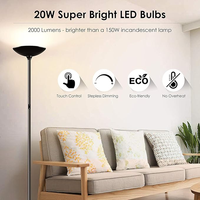BoostArea Floor Lamp/Standing Lamp, 20W 2000LM LED Torchiere Lamp, Stepless Dimmable, Touch Control, 3000K Daylight, 50000hrs Lifespan for Living Room, Bedroom