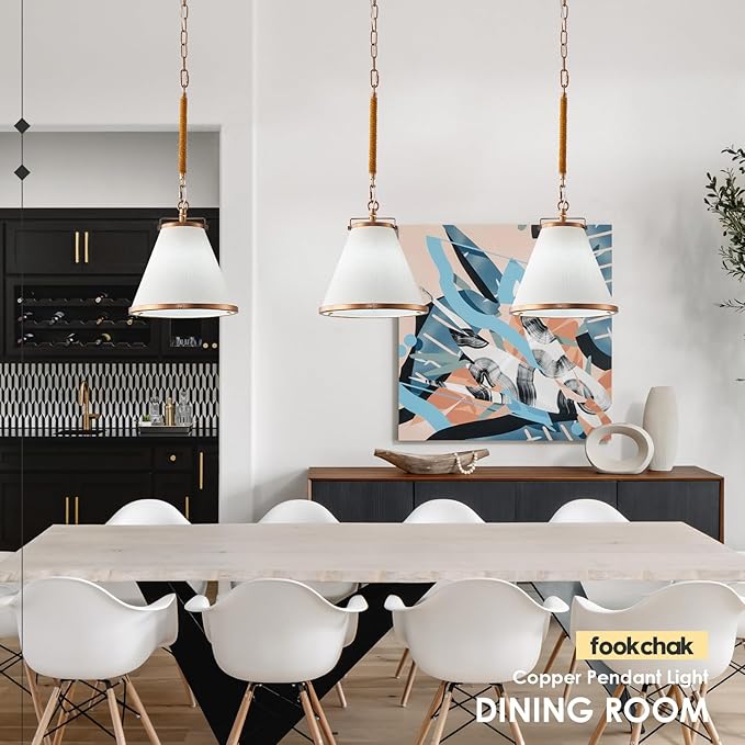 3-Pack Vintage Brass Kitchen Pendant Lighting Over Island White Linen Pendant Light 10in Copper Pendant Lighting with Hemp Rope Rod Entryway Ceiling Hanging Light for Dining Room