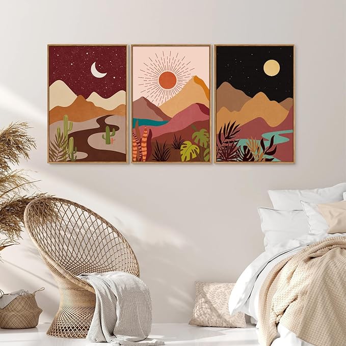 SIGNINART Boho Desert Framed Canvas Wall Art Set of 3, Colorful Sun and Moon Art Prints, Bohemian Modern Cactus Art Paintings, Southwestern Landscape Wall Decor for Living Room, Bedroom, Office 16"x24"