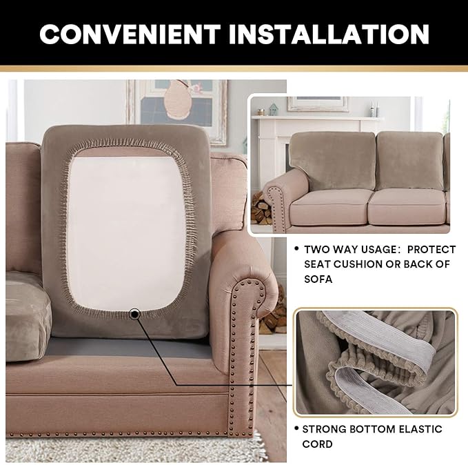 PrinceDeco Velvet Stretch Couch Cushion Cover Soft Cushion Slipcover for Chair Loveseat Sofa Cushion Furniture Protector Seat Cushion Sofa Cover (3 Piece XL Sofa Cushion Covers, Taupe)