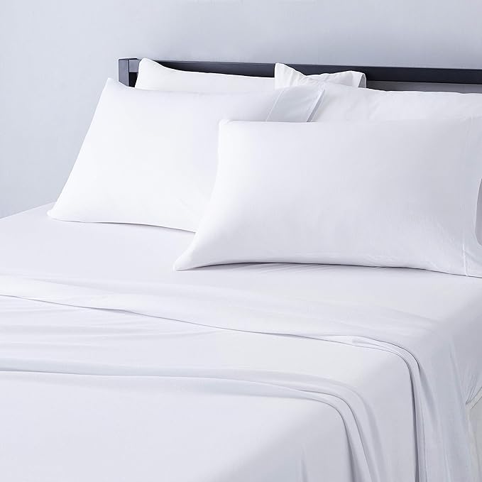 Amazon Basics 4 Piece Comfortable Cotton Jersey Bed Sheet Set, Includes Soft Flat and Fitted Sheets, Pillowcase, Queen, White, Solid