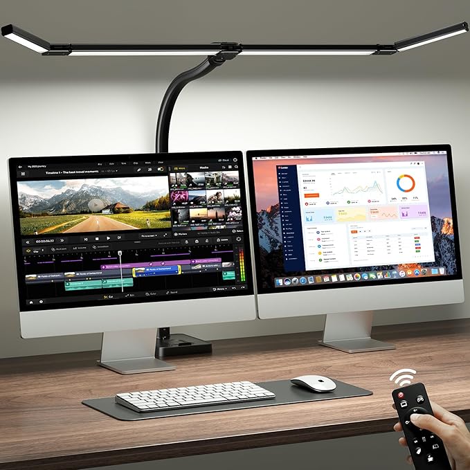 ONEMIX 42" LED Desk Lamp for Home Office, Eye-Caring Desk Light with Adjustable 4-Segment Bar, 1800LM Bright, Remote, Architect Table Lamp with Base for Dual Monitors, Reading, Study, Workbench(Black)
