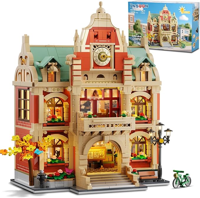 University Club House Building Set with Light,1629PCS City Campus Architecture Model with Painting Drama Baking Music Club, Home Decor Construction Building Block Gift for Adults Boys Girls 12+
