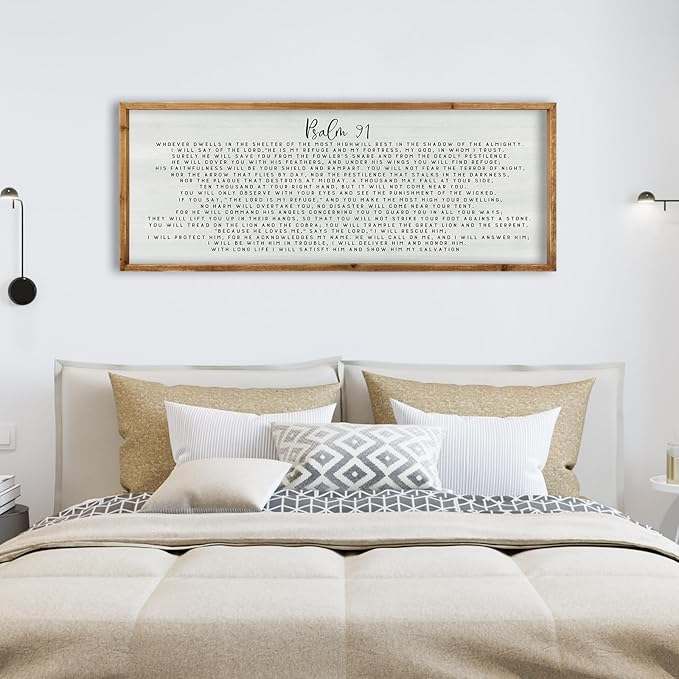 ZZJJHYWGQ Bible Verse Wall Decor Psalm 91 Wall Art 32"×12" Scripture Print Sign for Living Room Home Religious Prayer Room Family Christian Inspirational Quotes Catholic Wall Hanging (Wood)