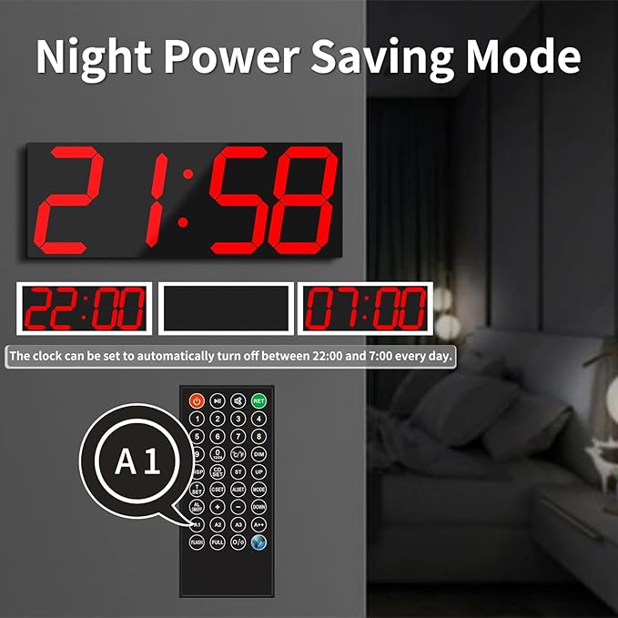 18.7'' Automic Digital Wall Clock, LED Wall Clock with Large Display, Multi-Function Clock with Alarm and Timer, Auto Time Sync Digital Clock with Adjustable Brigthness(Red)