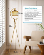 Lightdot Tripod Floor Lamp for Living Room, Gold Standing Lamp with Brown Glass Lampshade, Farmhouse Tall Lamp for Bedroom, Arced Reading Light for Home Office