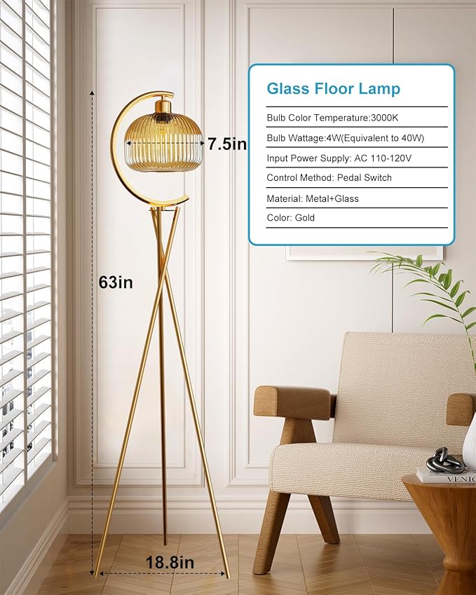 Lightdot Tripod Floor Lamp for Living Room, Gold Standing Lamp with Brown Glass Lampshade, Farmhouse Tall Lamp for Bedroom, Arced Reading Light for Home Office