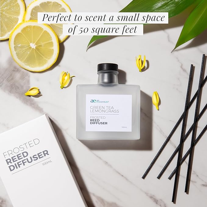 Frosted Green Tea Lemongrass Reed Diffuser Set - Decorative Fragrance Diffuser & Oil for Bathroom & Home | Long-Lasting Aroma | Natural Scent Sticks | Essential Oils, Botanicals| 100mL