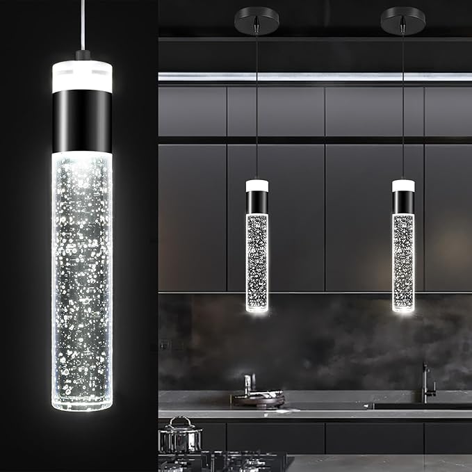 Modern Mini Crystal Pendant Light for Kitchen Island Bedroom Bedside Hanging Ceiling Lamp with Crystal Bubble Column, LED Dimmable 3000k-6000k Independent 1-Light Black