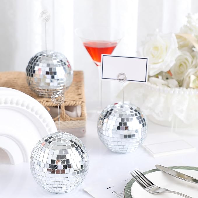 Maitys 60 Pcs Disco Ball Table Number Holders Silver Place Card with Swirl Wire Name Cards Photo Stand Clips Picture Holder for Christmas Wedding Party Favor (4 Inch)