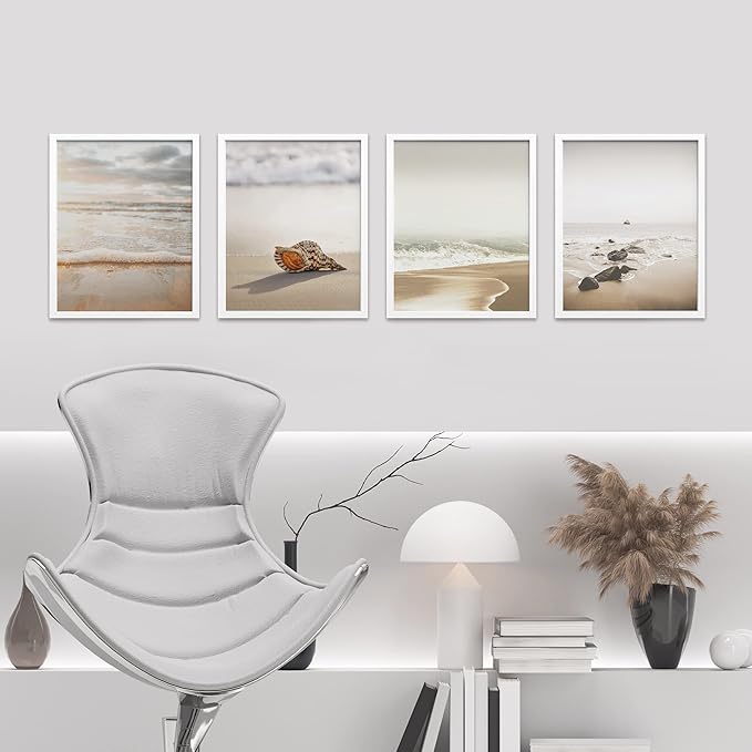 SIGNWIN Framed White Minimal Beach Shore Ocean Sea Seashell Wall Art, Set of 4 Landscape Colorful Wall Decor Prints, Nature Wilderness Wall Décor for Living Room, Bedroom - 8"x10" White