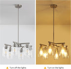 6-Light Modern Farmhouse Brushed Nickel Chandelier, Dining Room Light Fixture Over Table Adjustable Height Hanging Industrial Pendant Lights Kitchen Island, Clear Glass Shade