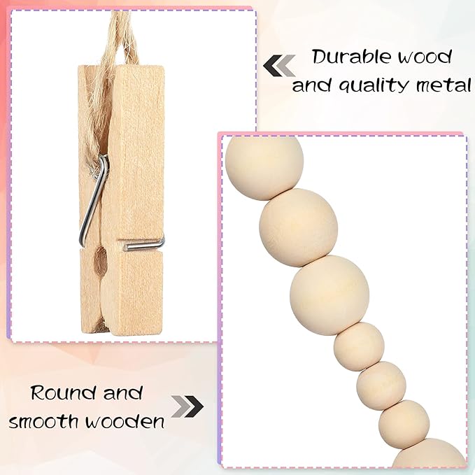 Wall Hanging Photo Display with Wooden Beads Garland 4 Feet Boho Collage Picture Frame DIY Picture Photo Frame Set with 9 Wood Clips for Rustic Country Home, Office Nursery Room Decoration(2 Pieces)