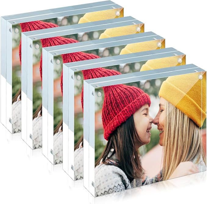 ILYXY 5 Pack Acrylic Frame 5x5, 20% Thicker, 20mm Thick Frameless Clear Picture Frame, Double Sided Magnetic Photo Frame, Free Standing Desktop Display Stand Acrylic Picture Frames