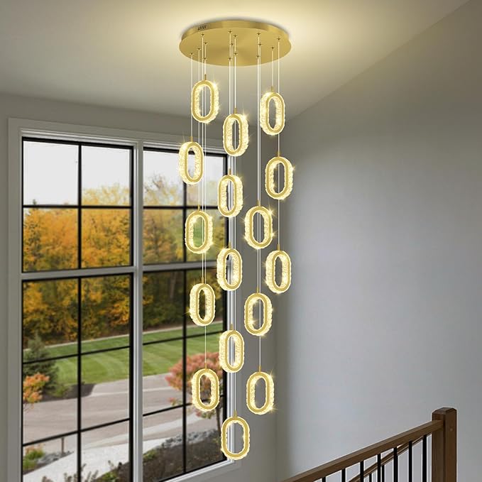 Large Crystal Chandeliers for Stairs Long Spiral Chandelier for High Ceilings LED Crystal Ring Chandelier Dimmable 2700K-6000K 16-Light Gold