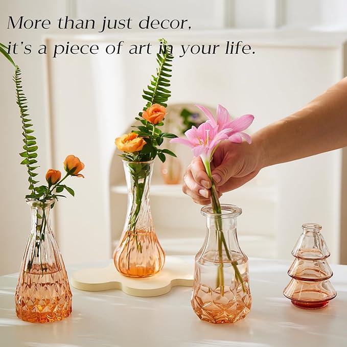 Glass Bud Vase Set of 20 - Small Vases for Flowers in Bulk - Assorted Vintage Crystal Vases for Flowers, Table Centerpieces (Amber, 20 Pcs)