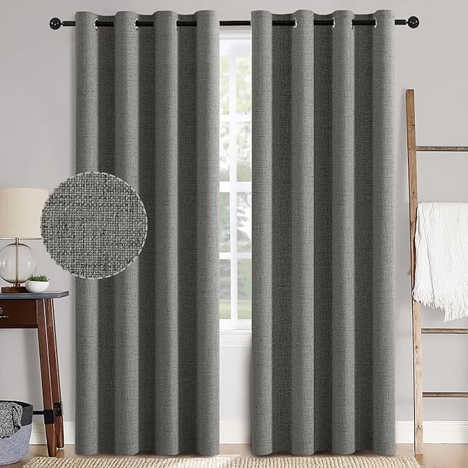 MIULEE Linen Texture Curtains, 2 Pack Dark Grey 52x108 Inch, Blackout, Room Darkening, Grommet, Classic Style, Faux Linen, All Season, Bedroom, Living Room, Nursery