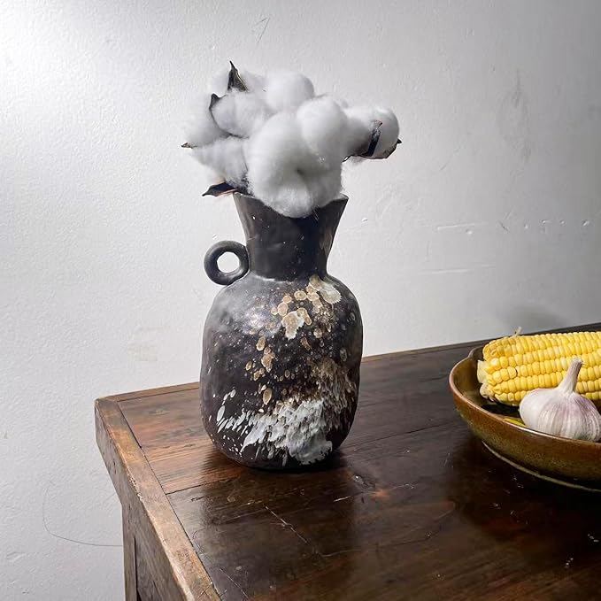 Rustic Pottery Ceramic Vase - Vintage Farmhouse Style Decor, White Grid Ceramic Vases for Home Decor, Modern Farmhouse Decor (Black white)