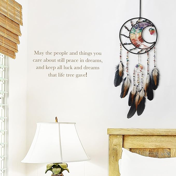 7 Chakras Dream Catchers Tree of Life Dream Catcher Black Feather Dreamcatcher Wall Decor with Healing Crystal Stone & Fluorite Wall Art Hanging for Bedroom Home Decor Bless Gift Wedding Garden