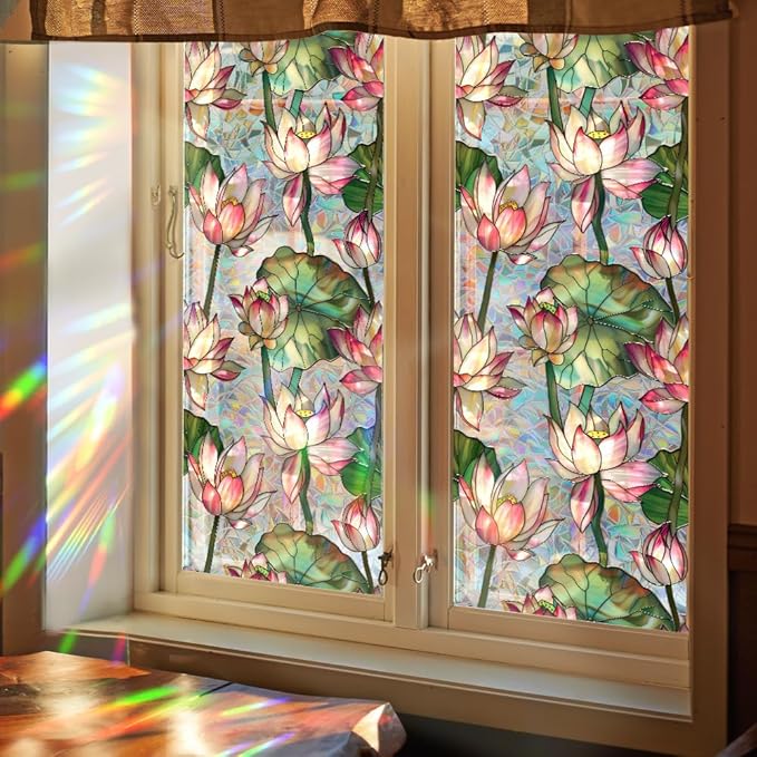 Window Film, Stain Lotus Flower Glass Film Rainbow Floral Static Glass Window Clings Stickers for Home Office Living Room Bedroom Windows Door Decor 16.93 x 39.37 Inches