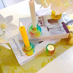 Double Sided Vintage Ribbed Taper Glass Candle Holders,Tea Candle Holder for Table Centerpieces, Wedding Decorations and Dinner Parties (Rainbow, 3 PCS)