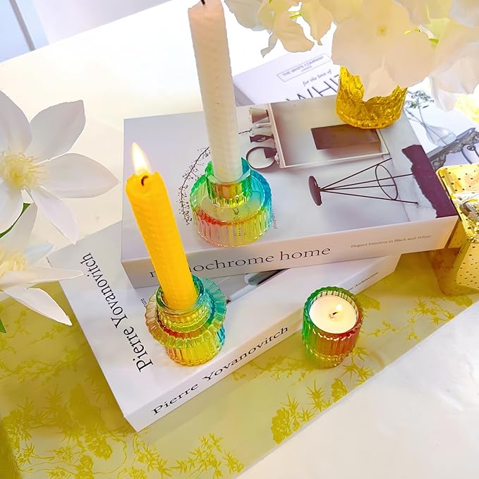 Double Sided Vintage Ribbed Taper Glass Candle Holders,Tea Candle Holder for Table Centerpieces, Wedding Decorations and Dinner Parties (Rainbow, 3 PCS)