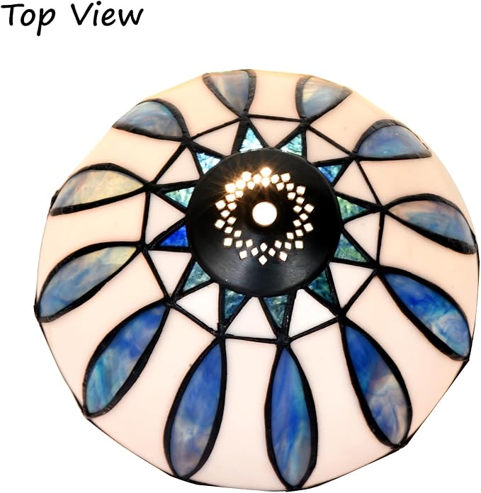 TL0034 Tiffany Style Table Lamp with Stained Glass Shade, Vintage Bronze Base W 8" x OH 14.25", Great for Home Office Small Space, LED Bulb Included (Blue White)