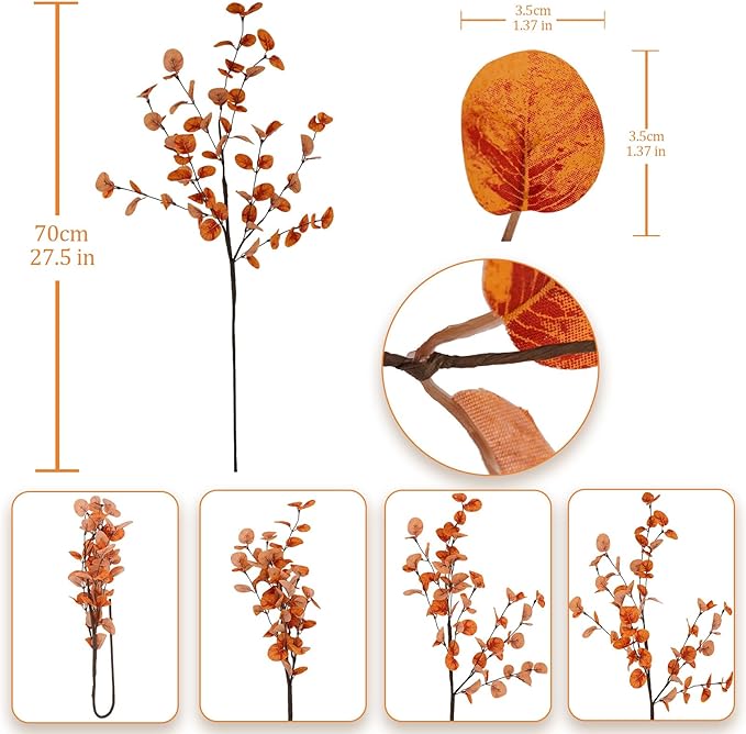 6pcs Artificial Fall Eucalyptus Leaves Stems Fall Decorations Silk Fake Eucalyptus Branches Fall Leaves for Vase Boquets Autumn Home Wedding Table Thanksgiving Decor Orange