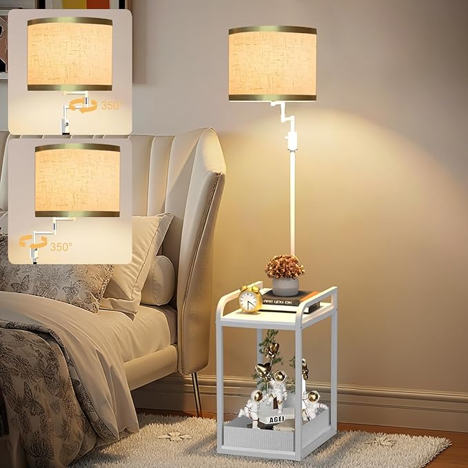 Lightdot 63IN Floor Lamps with Storage Table&Basket, Modern Standing Tall Lamps with Adjustable Fabric Lampshade and Movable&Fixed Casters, Coner End Table Lamp for Living Room/Bedroom/Office-White